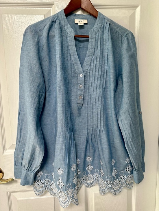 Style & Co. Tops - Style & Co. Light Blue Embroidered Pintuck Tunic Top